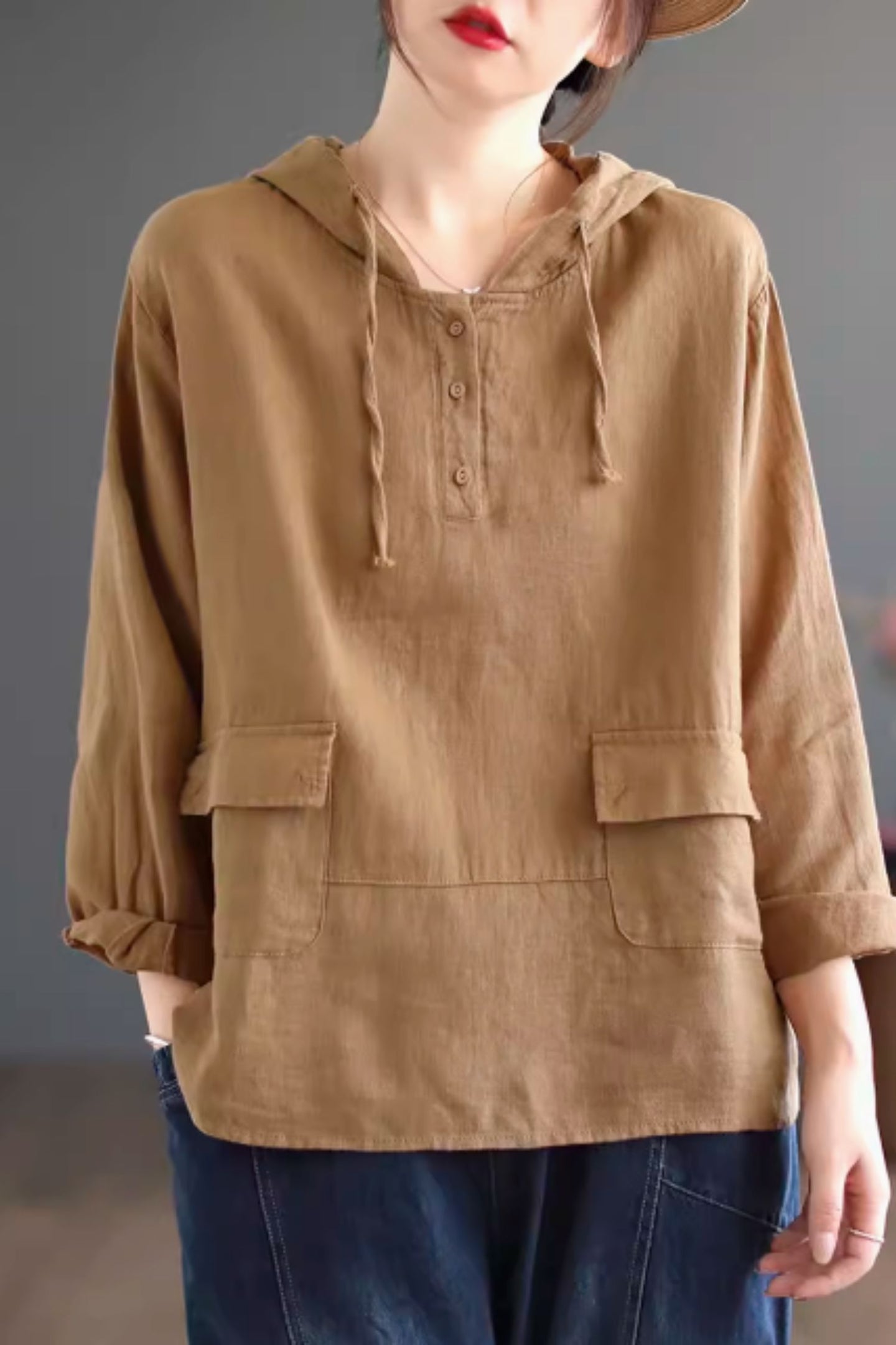 Hooded long sleeves linen tops C4431