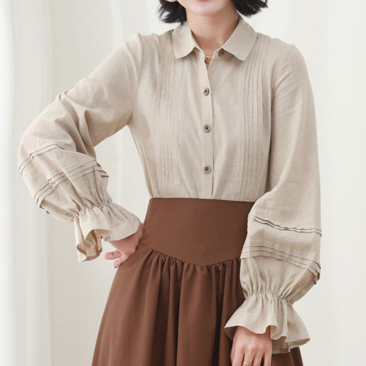 Beige Linen Blouse, Long Lantern Sleeve, Ruffle Detail, Ylistyle C5451