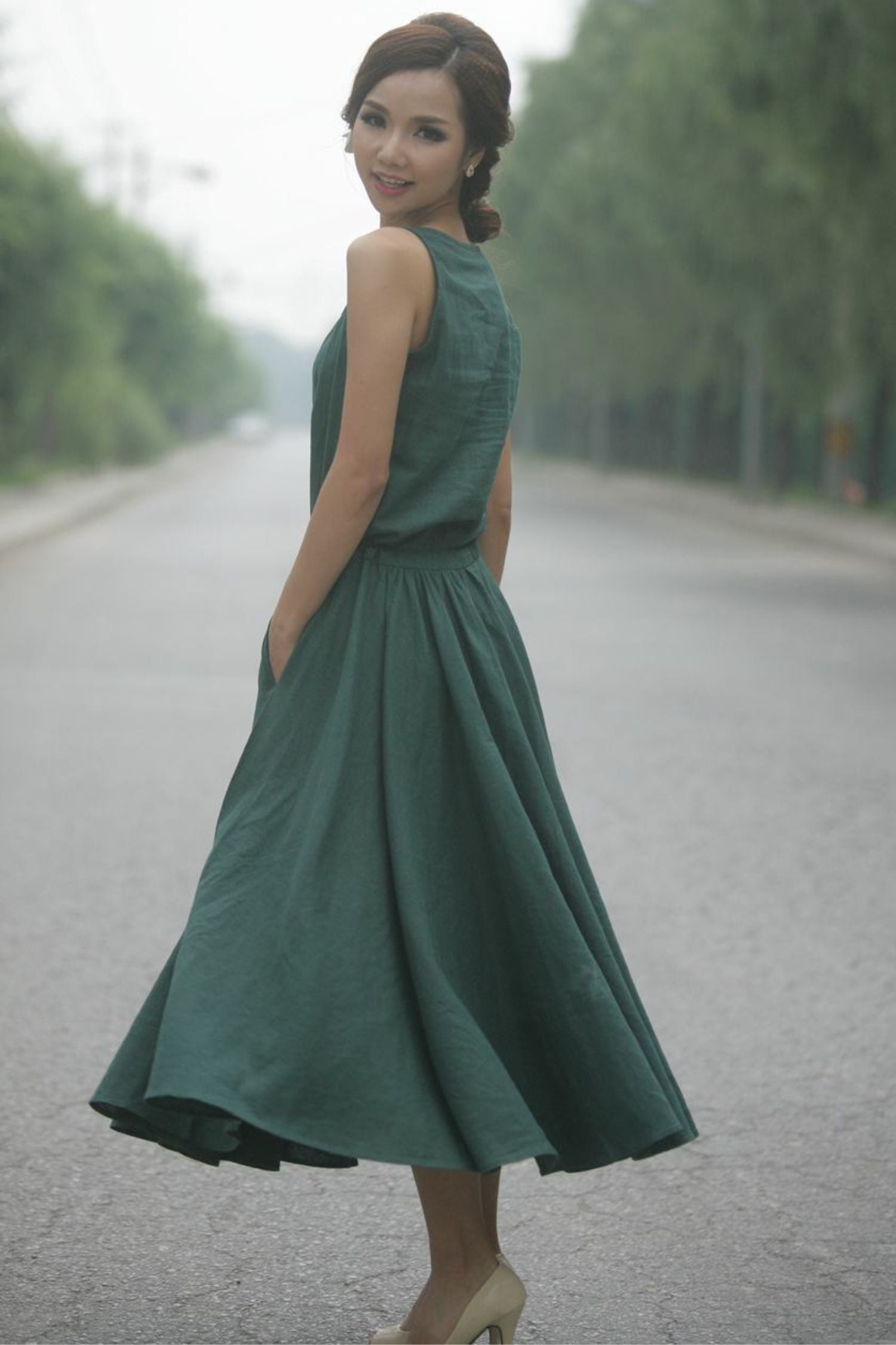 Green Sleeveless Linen Dress C152 Green / Custom size Green Sleeveless Linen Dress C152 Green / Custom size