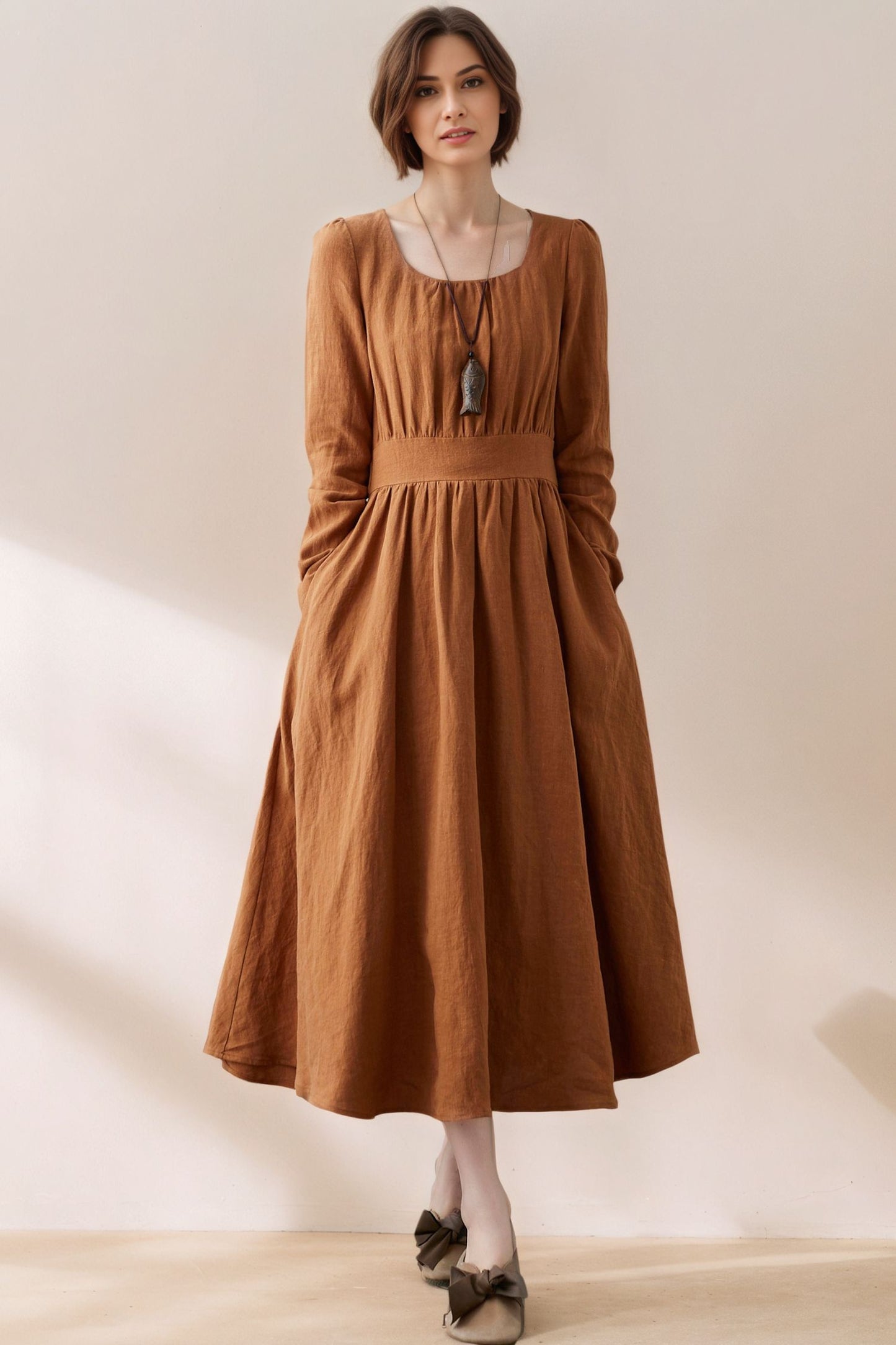 Brown Linen Maxi Dress - Fit and Flare with Tie Bow Waist c5385
