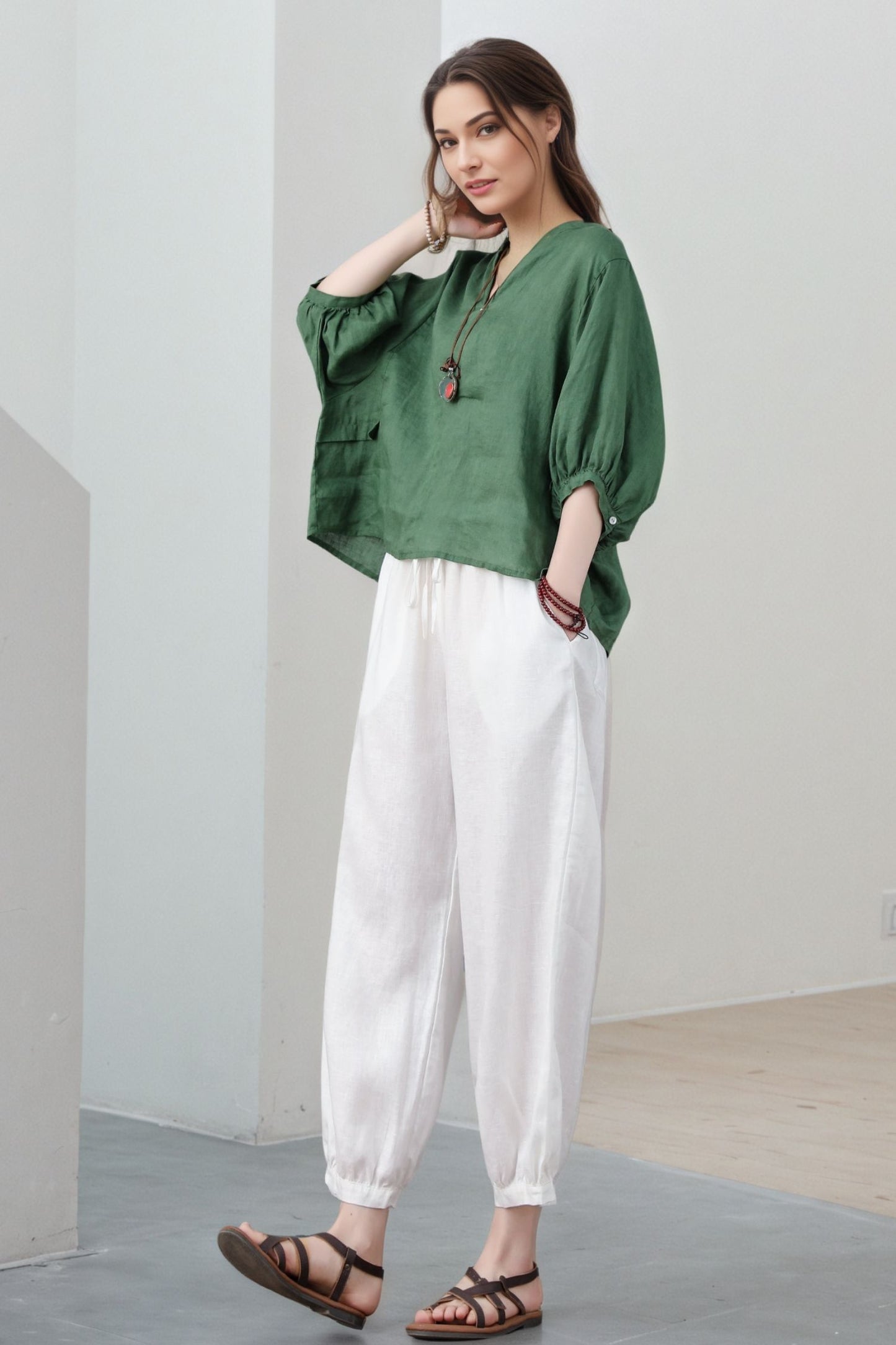 Linen blouse, green linen tops, Linen blouse for women, Oversized Linen top C5319