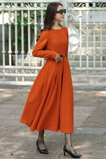 Maxi swing pleated winter wool dress C4482