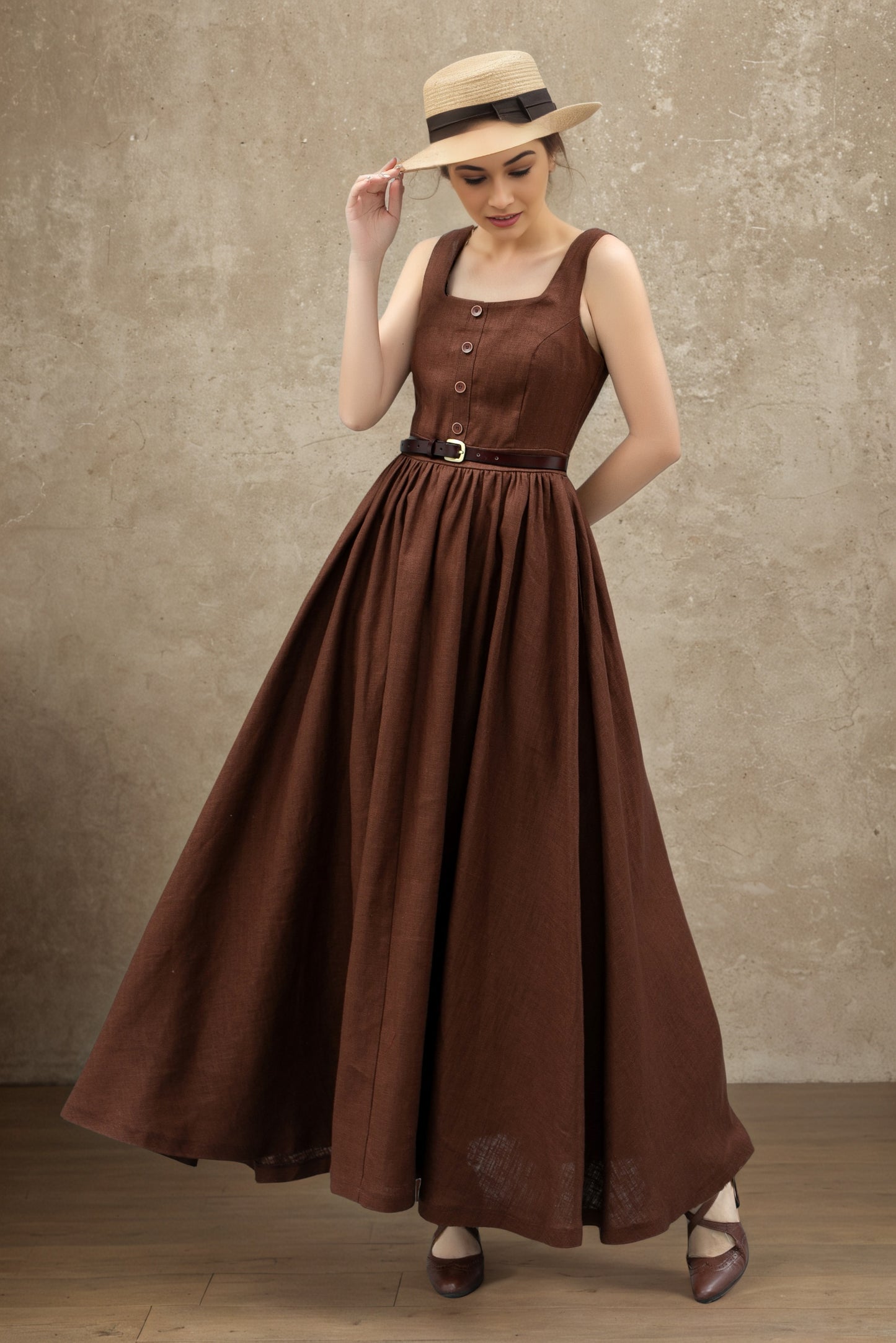 Brown linen Pinafore Maxi Dress C5363