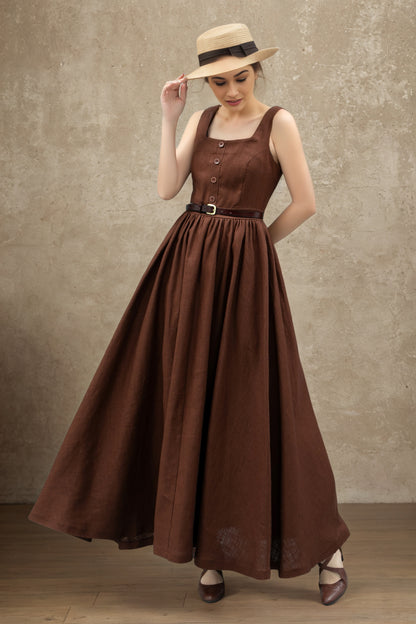 Brown linen Pinafore Maxi Dress C5363