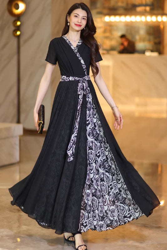 Swing block color maxi chiffon dress C4928