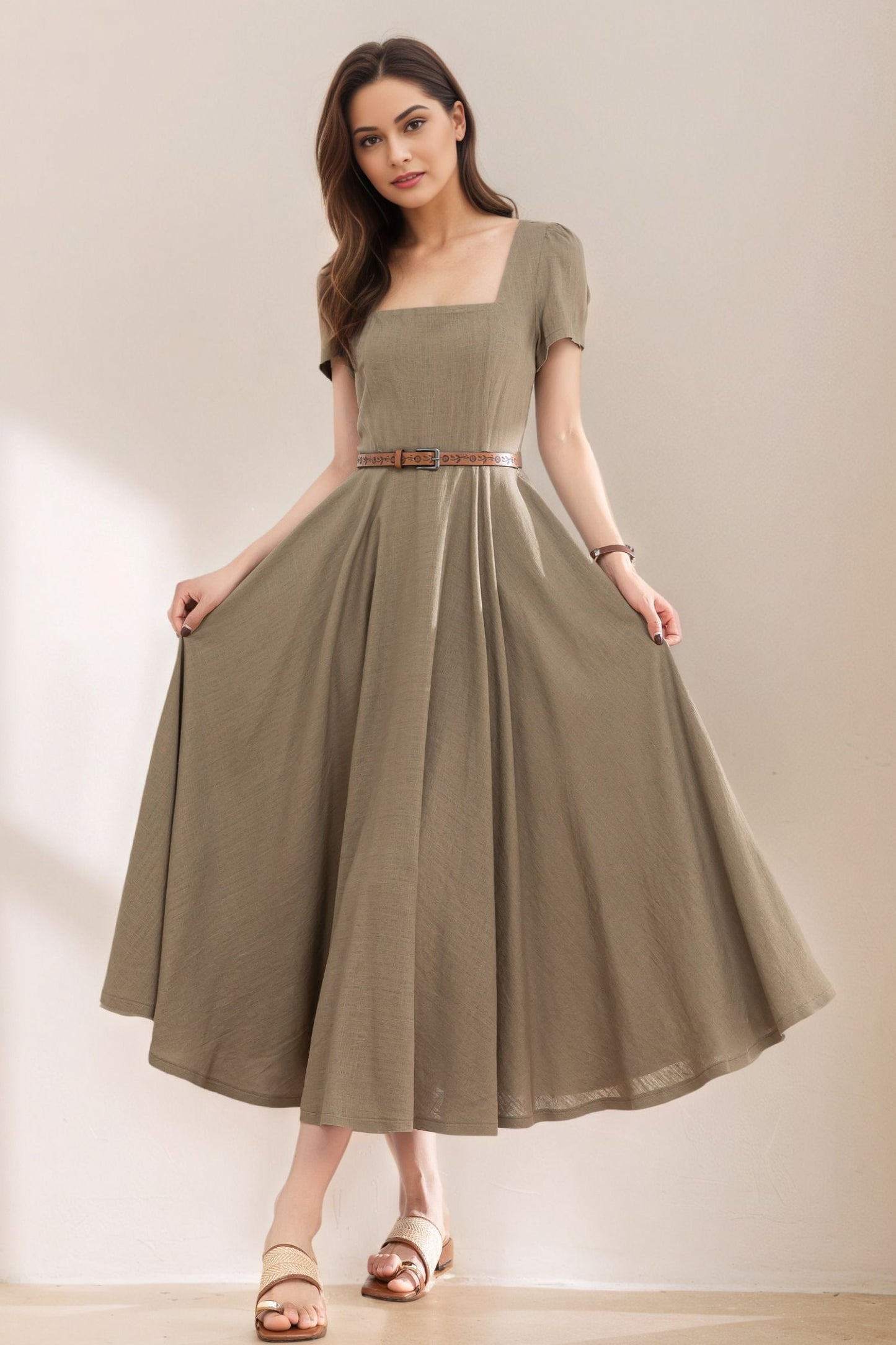 Womens Summer Green Linen Dress c5387