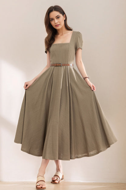 Womens Summer Green Linen Dress c5387