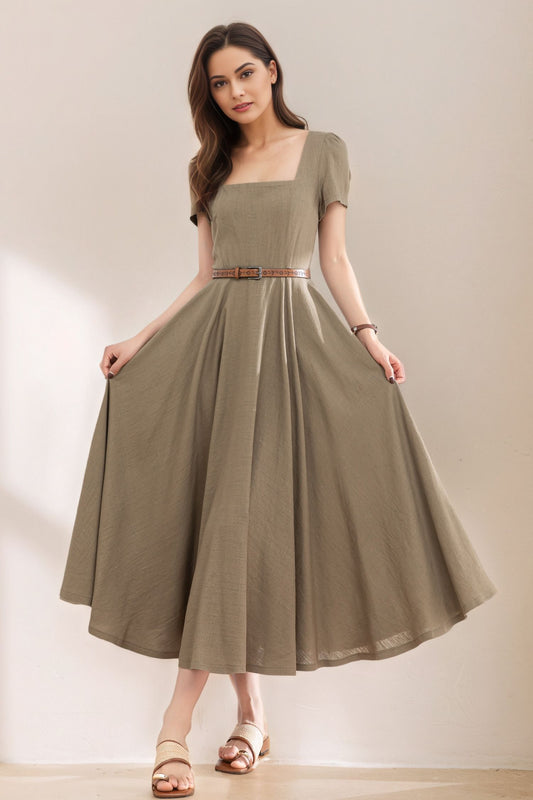 Womens Summer Green Linen Dress c5387