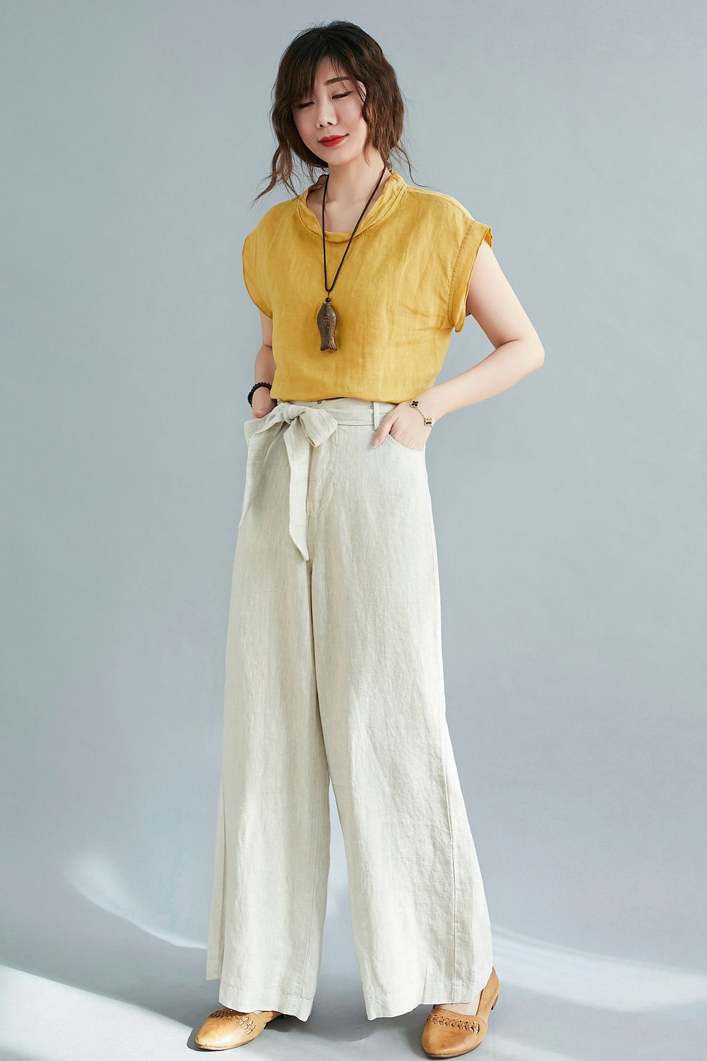 Wide leg beige Linen High Waist Long pants C2117