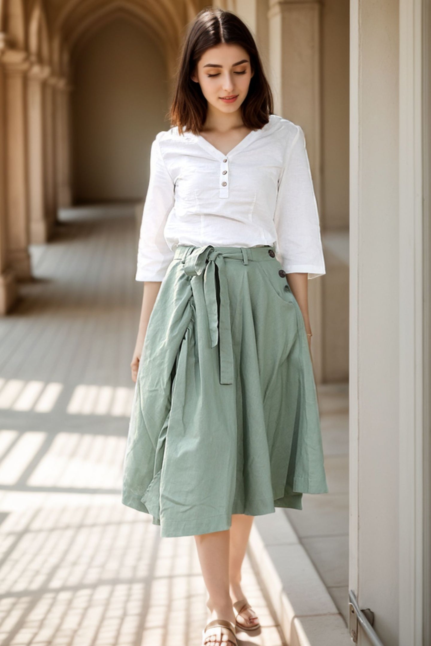 Long Linen Skirt in green C288