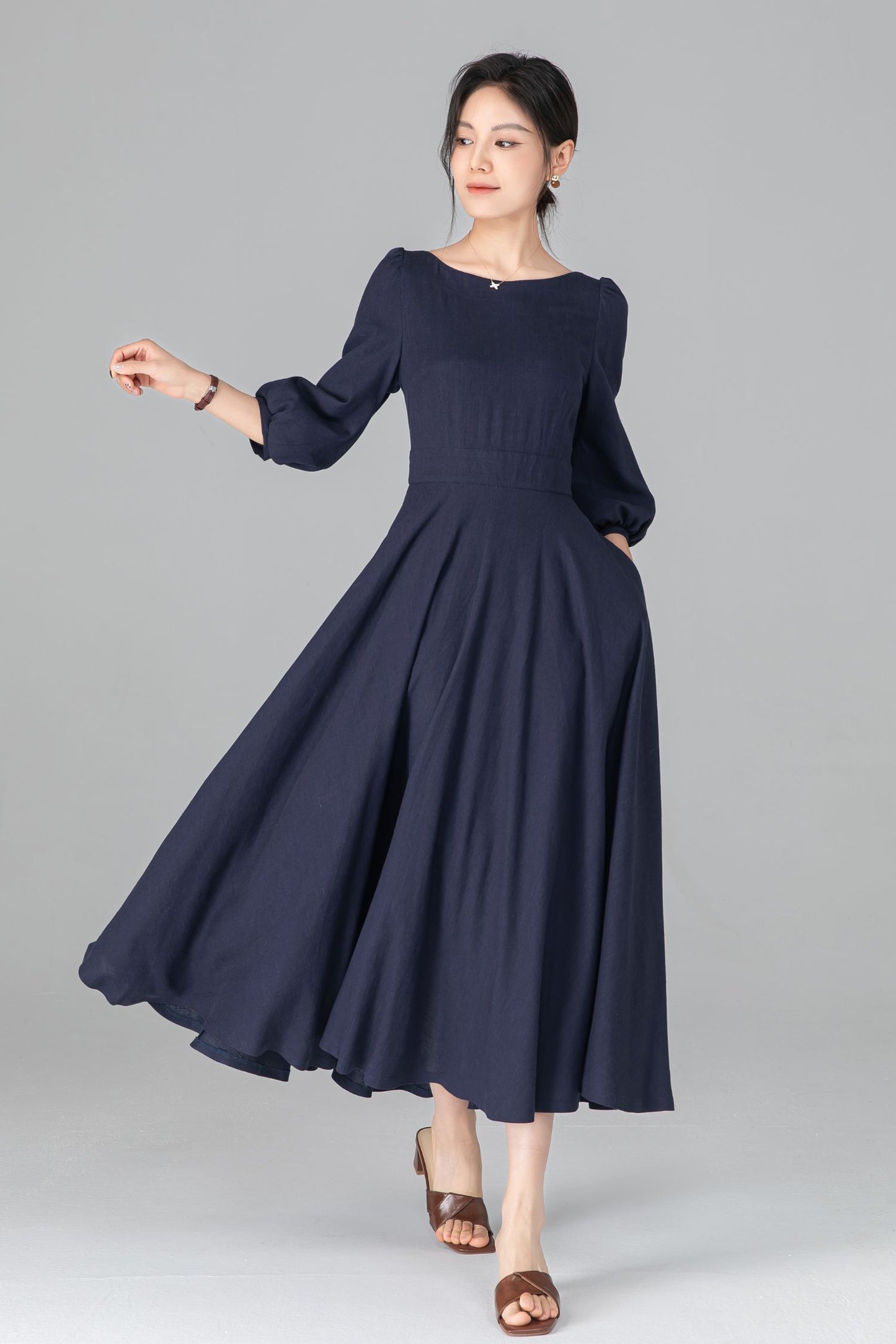 Navy Linen Cotton Midi Dress - A-Line Swing Dress with Boat Neck c5513