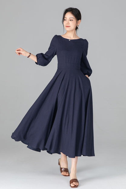 Navy Linen Cotton Midi Dress - A-Line Swing Dress with Boat Neck c5513