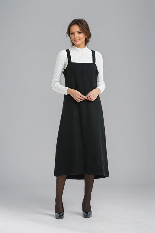Long Sleeveless Black Wool Pinafore Dress C5141