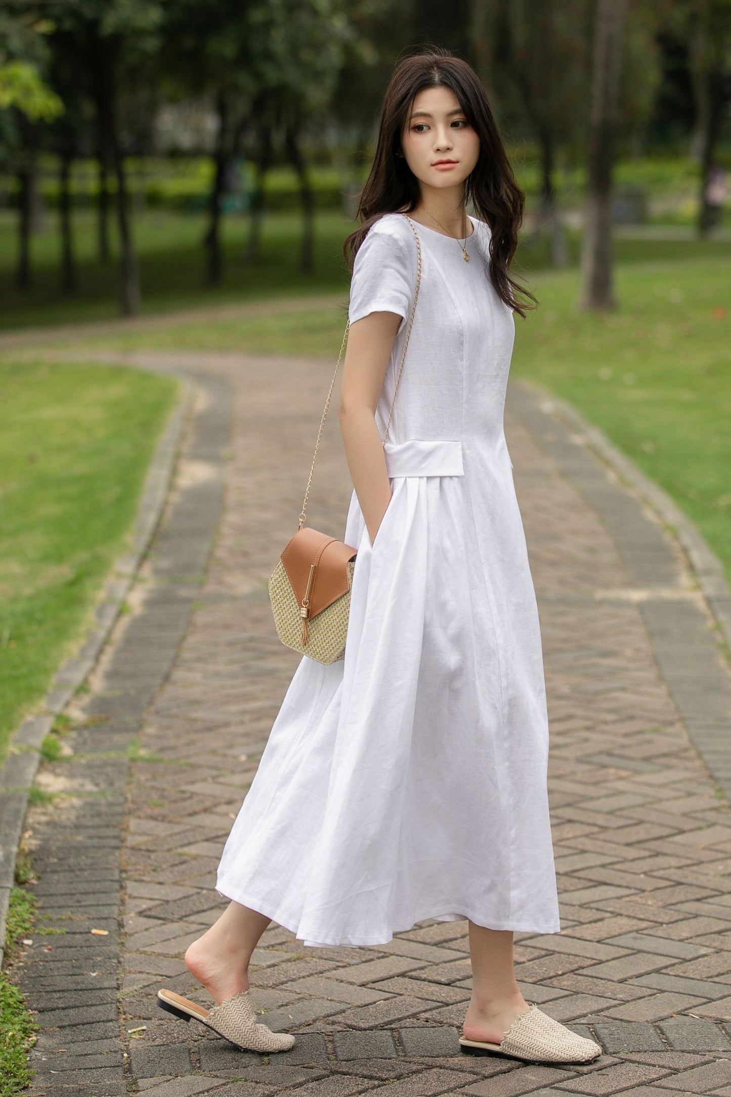 White Linen Midi Casual dress womens C4014