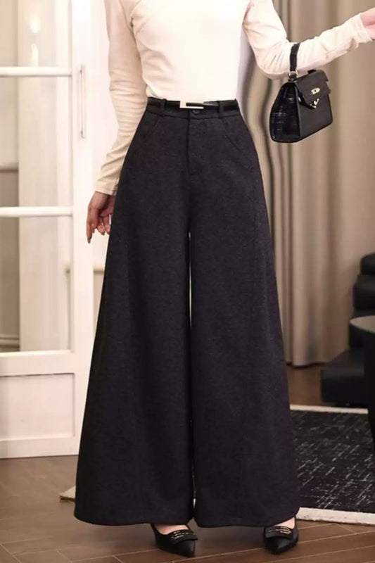 Gray wide leg long wool pants c5091