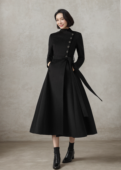 Winter Black button Long Wrap Wool Coat Women C4408