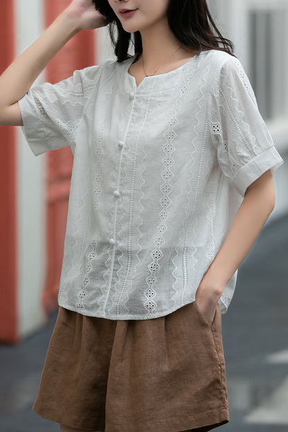 Button front white blouse top C5041