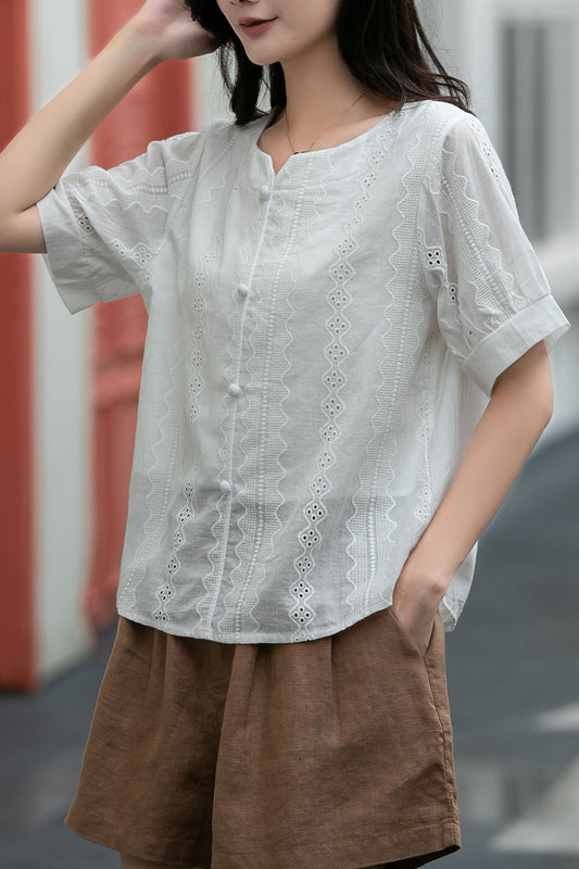 Button front white blouse top C5041