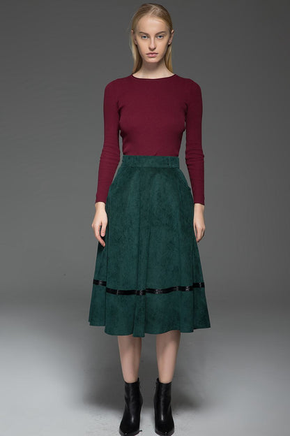 Womens Fall Green Corduroy A-line Midi Skirt C769
