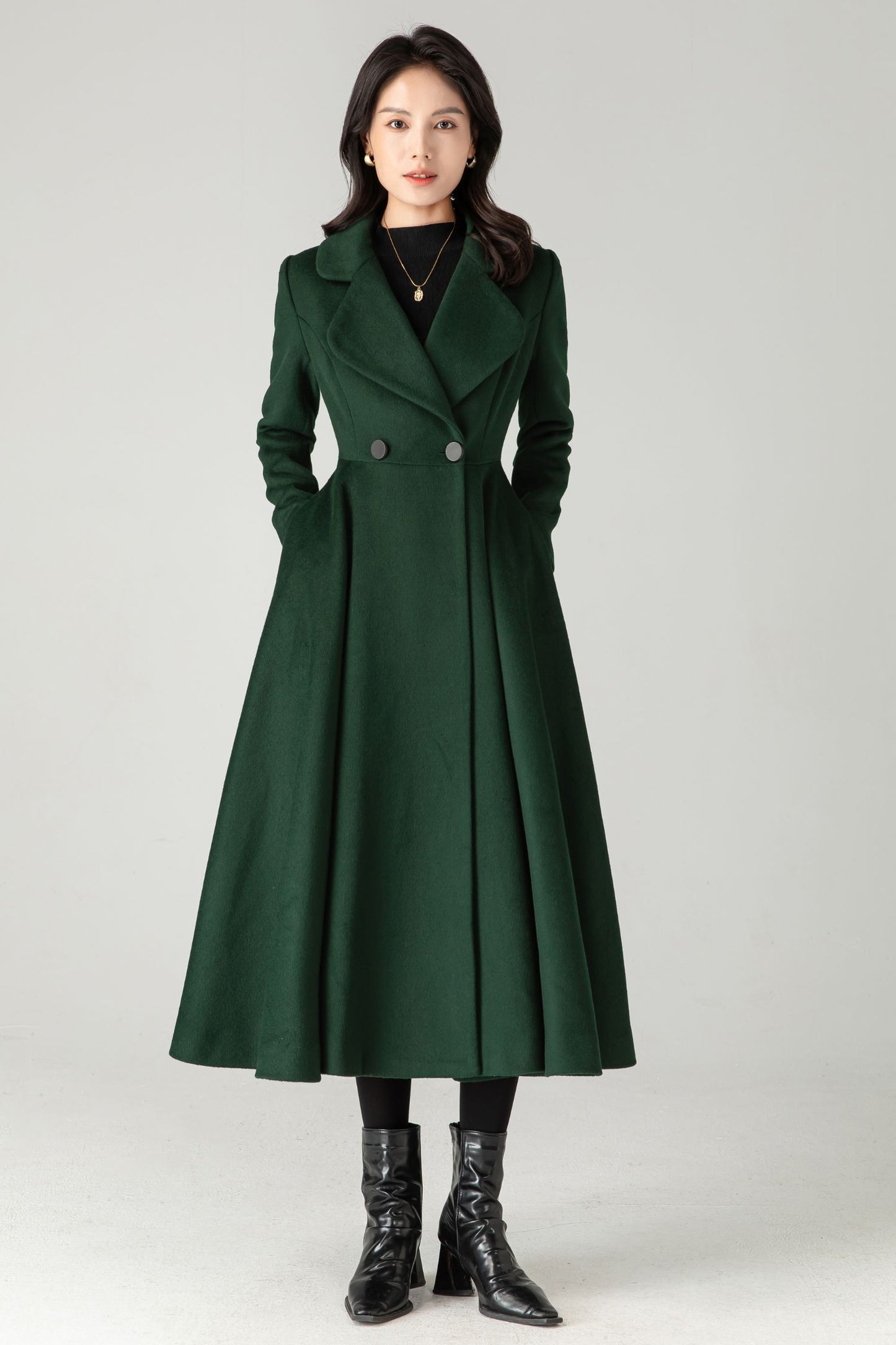 Emerald Green Wool Coat: Elegant Women's Swing Long Flared Trench Coat C5341