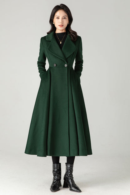 Emerald Green Wool Coat: Elegant Women's Swing Long Flared Trench Coat C5341