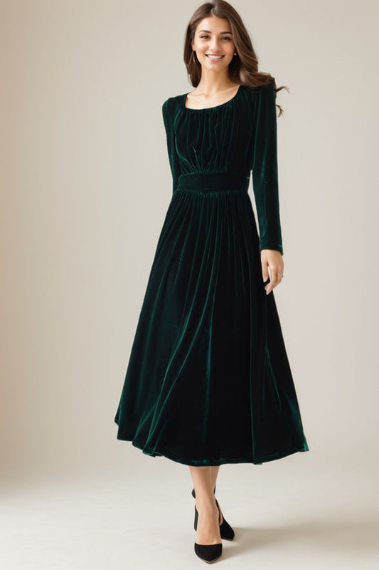 Green Velvet Autumn Dress Women C4328