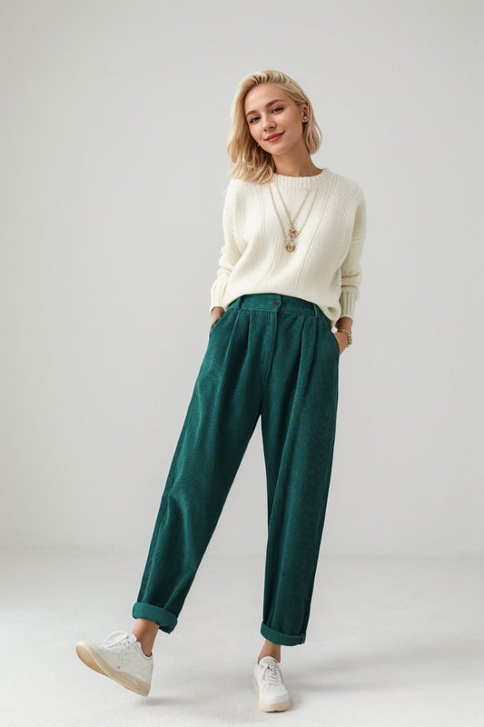 Green wide leg corduroy winter pants C4346