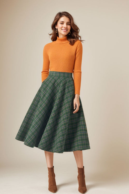 Winter Plaid Midi Wool Skirt C4327