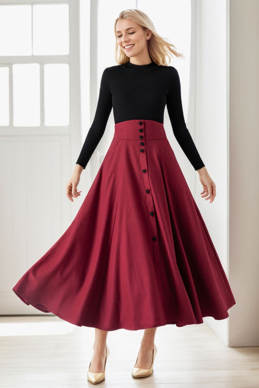 Wool Maxi A Line High Waisted Skirt C4259