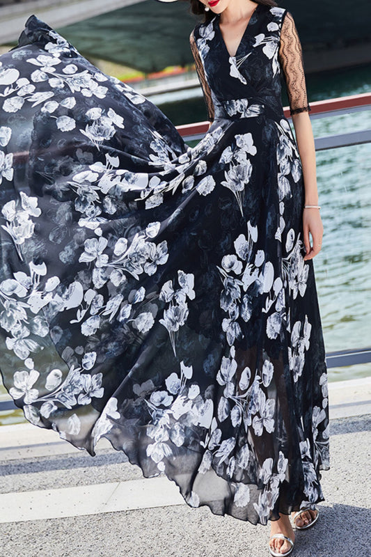 Summer black chiffon floral dress women C4114