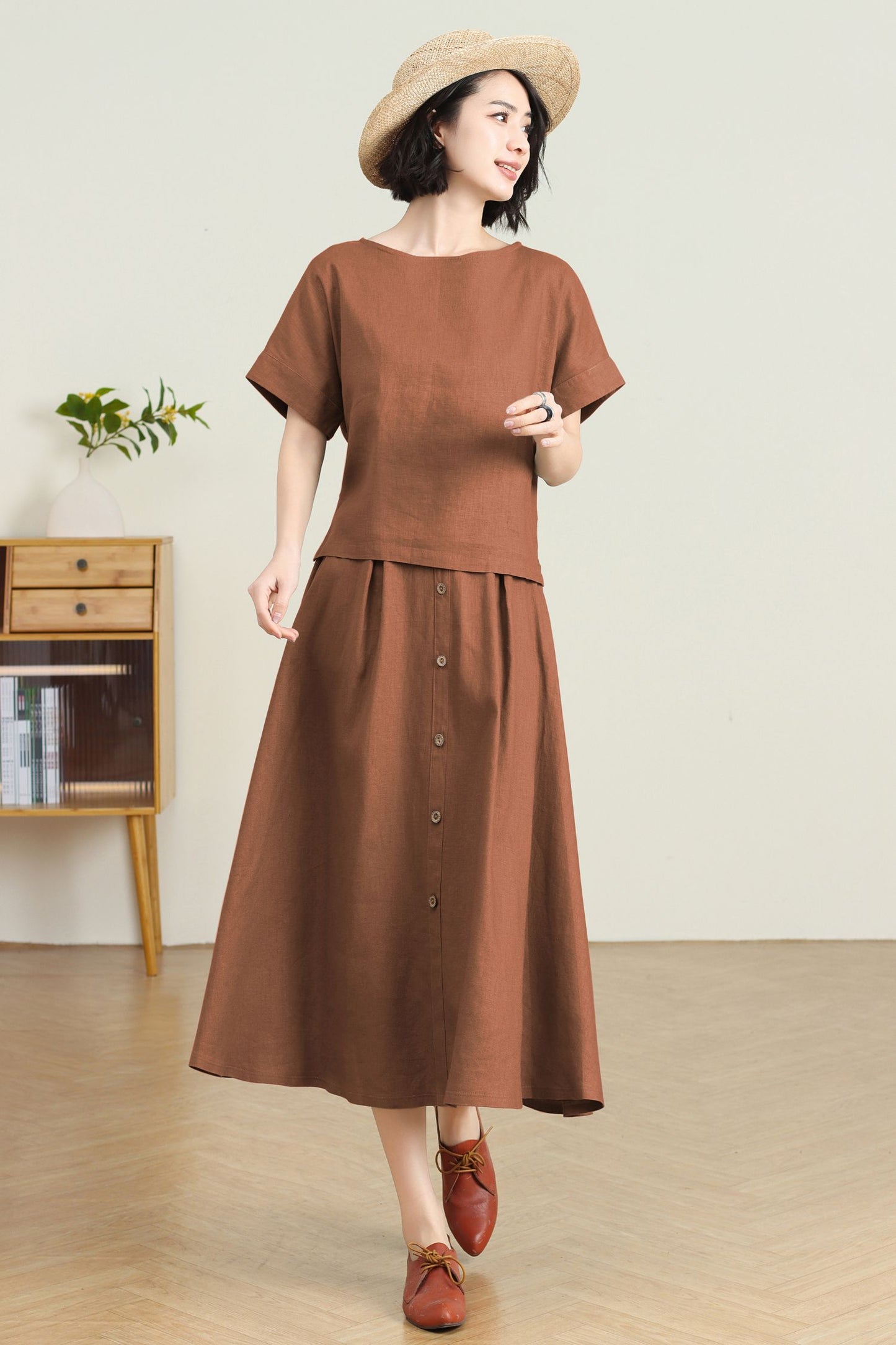 High Waisted Linen Skirt with Pockets C5455