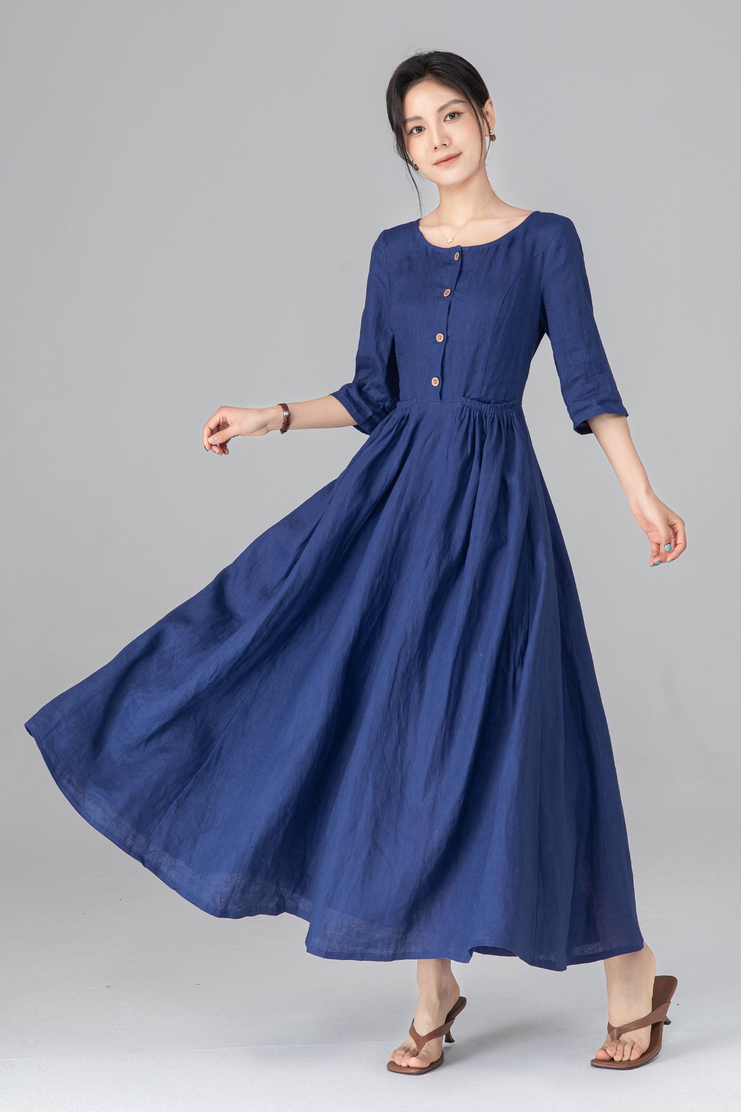Blue Linen Maxi Dress - Pleated Waist & Button Front | Ylistyle C5514