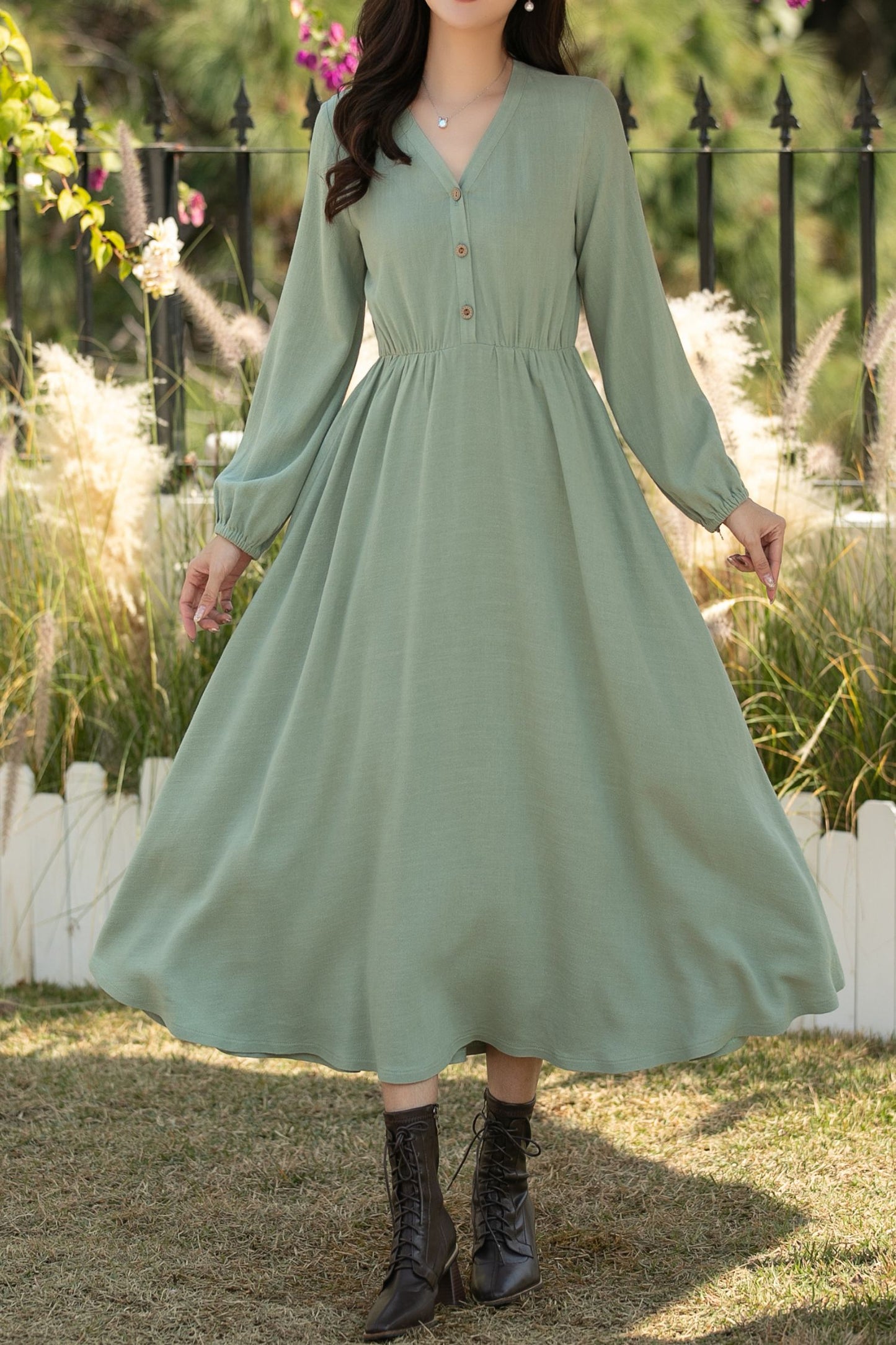 Sage Green Linen Cotton Midi Dress: Vintage Long Sleeve Button Front A-Line Dress, Ylistyle C5435