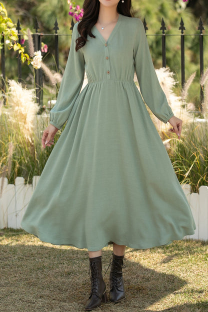 Sage Green Linen Cotton Midi Dress: Vintage Long Sleeve Button Front A-Line Dress, Ylistyle C5435