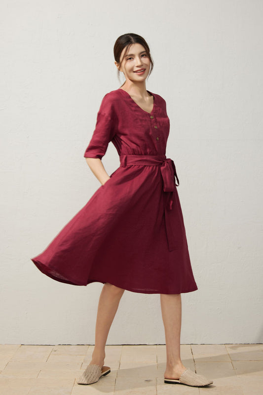 Women's Burgundy Linen dress C3926