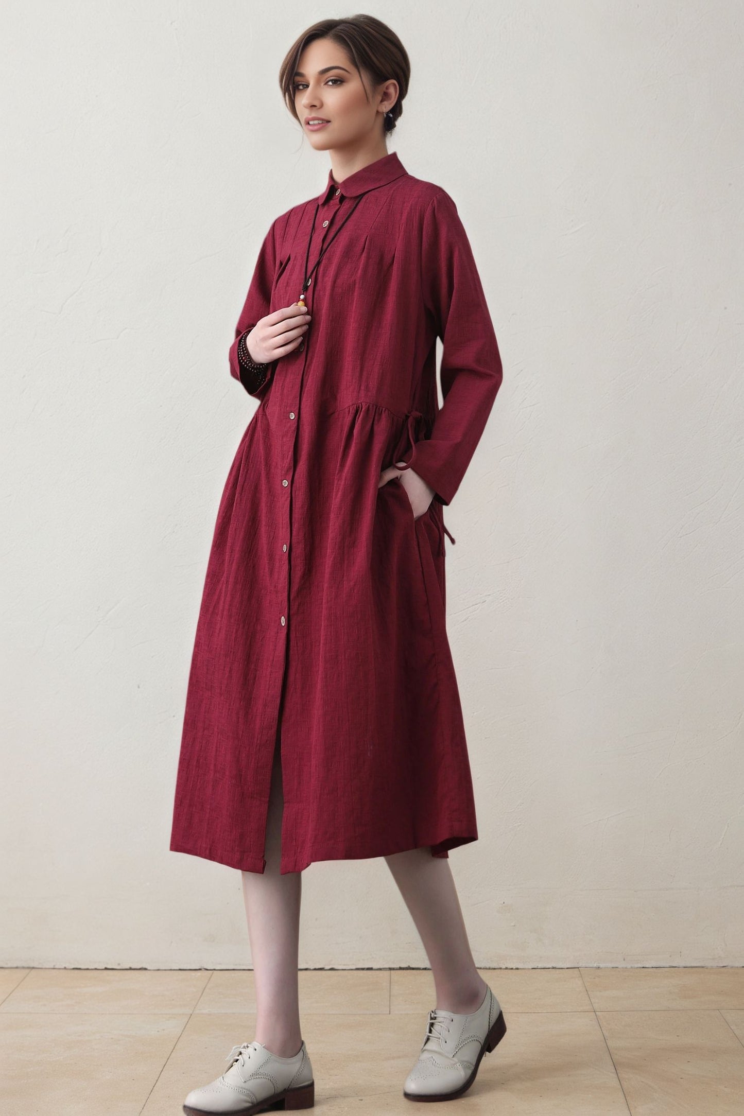 Burgundy Linen Shirt Dress - Long Sleeve Button-Front Midi with Drawstring Waist c5392