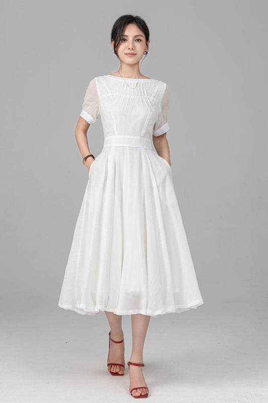 Vintage style White Bridesmaid Midi Dress: Boat Neck Short Sleeve A-Line Dress, Ylistyle C5524