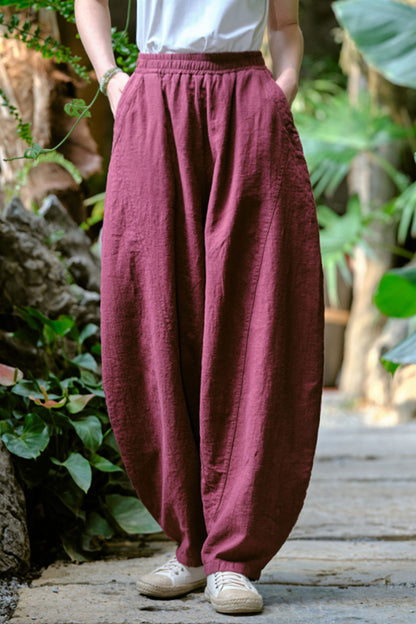 Beige Linen Lantern Pants - High Waist, Wide Leg Relaxed Fit L0616