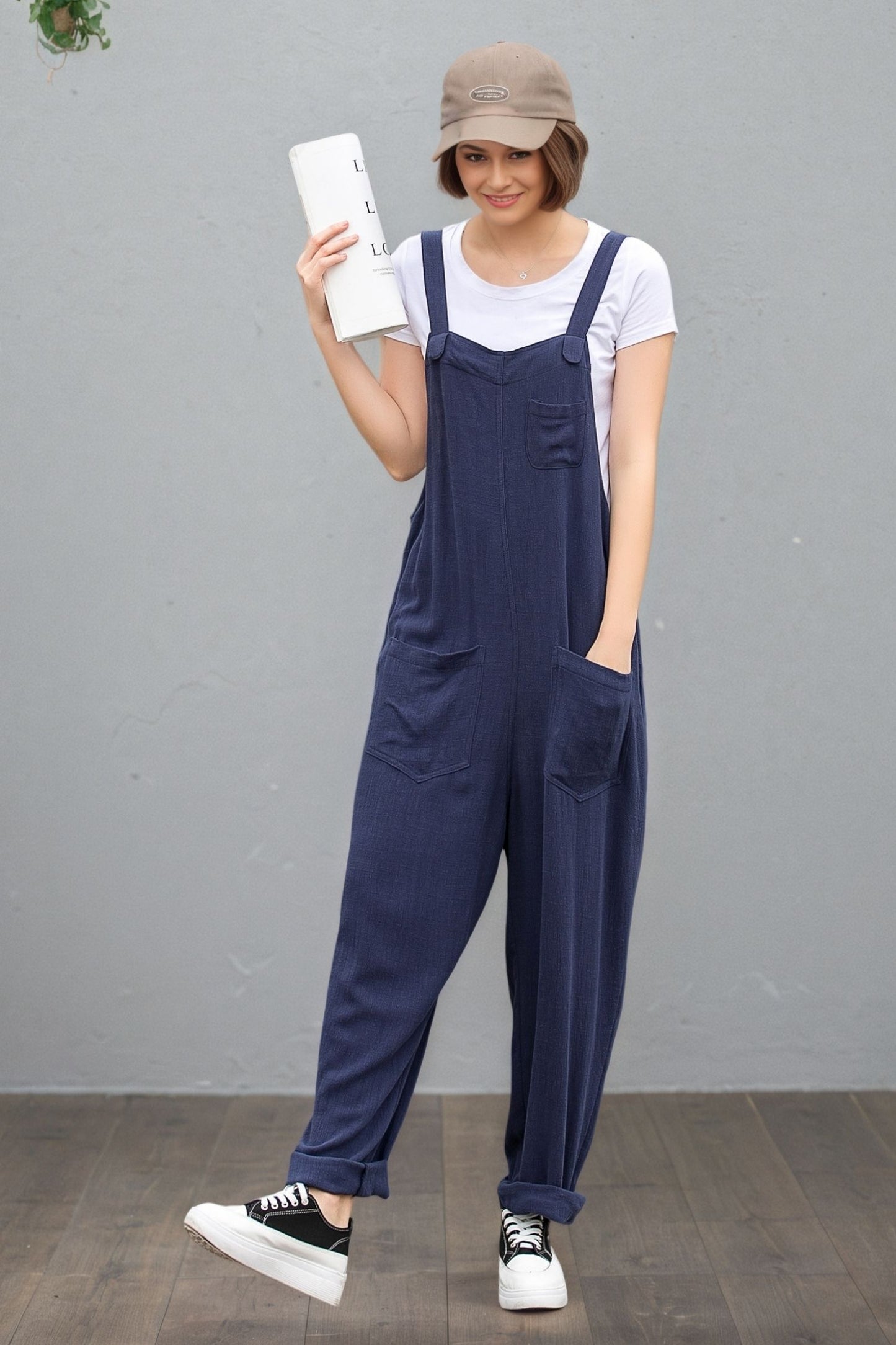 Navy Linen Cotton Overalls: Loose Fit Women’s Summer Jumpsuit, Ylistyle C5408