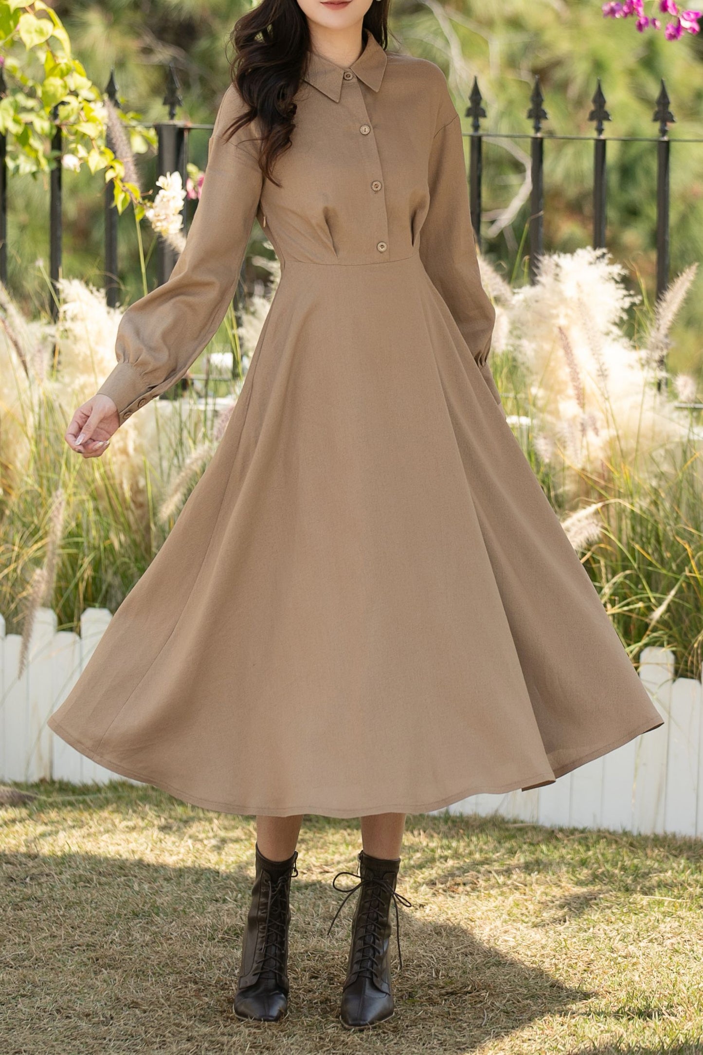 Khaki Linen Cotton Midi Shirt Dress – Casual Loose Fit Spring Dress for Women, Ylistyle C5439