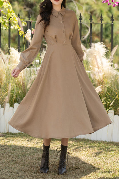 Khaki Linen Cotton Midi Shirt Dress – Casual Loose Fit Spring Dress for Women, Ylistyle C5439
