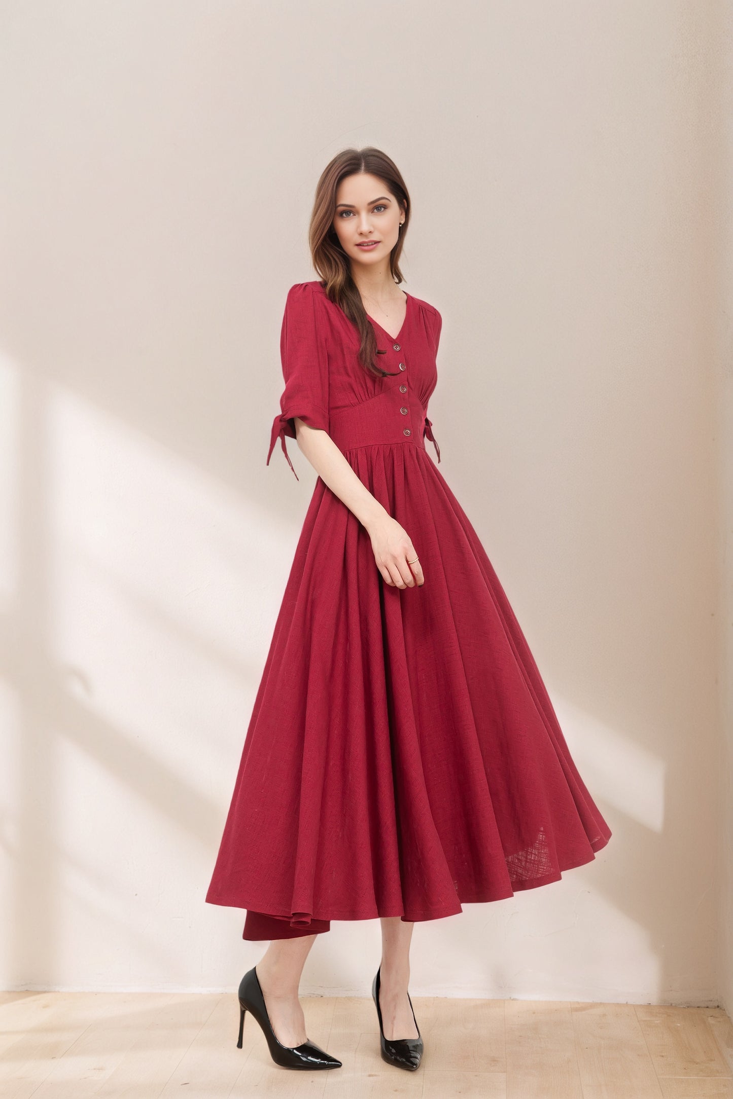 Burgundy fit and flare linen dress C5368