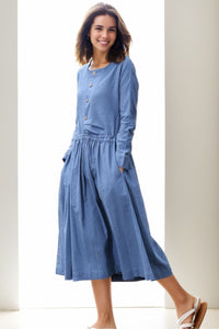 Blue Waist Drawstring Loose Dress C267