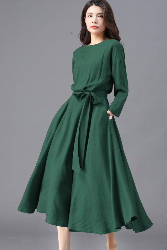 Dark Green Linen Midi Dress: Belted Cotton Linen Dress with Pockets, Ylistyle C5453