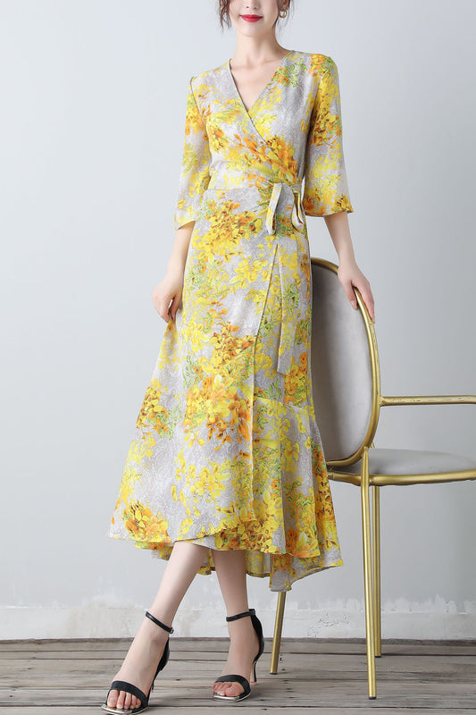 Yellow floral V-neck romantic dress C3453