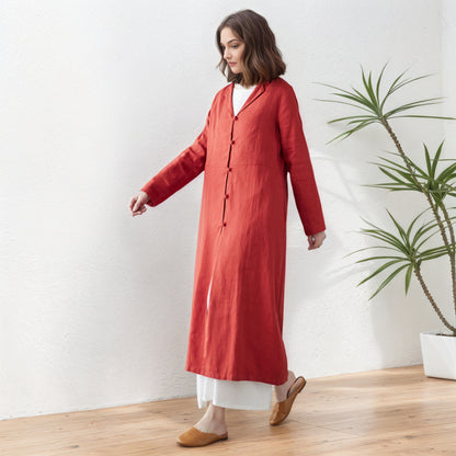 Orange red Long Linen Trench Coat C5416
