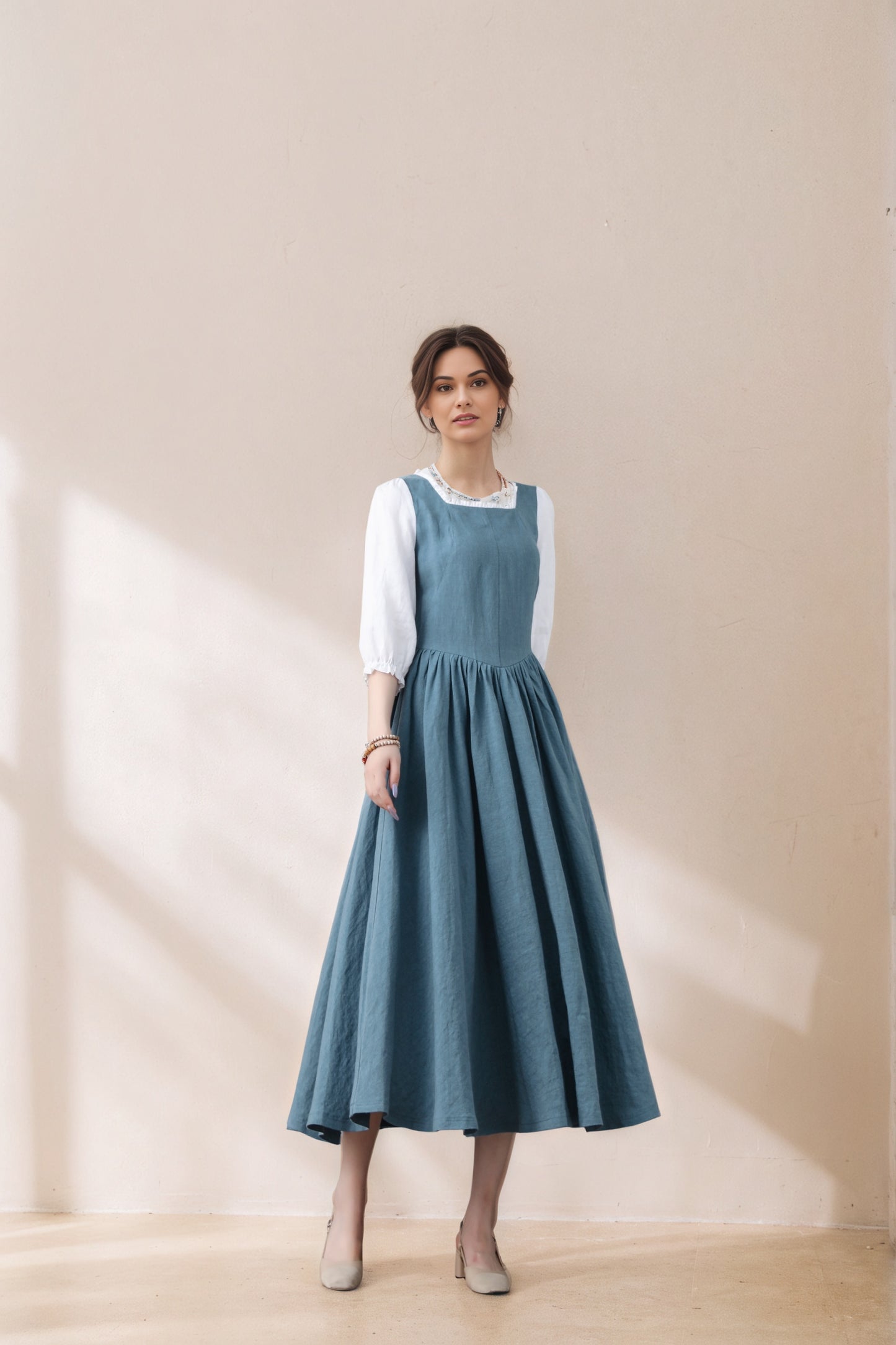 Handmade Pleated Swing Midi Linen Dress C5388