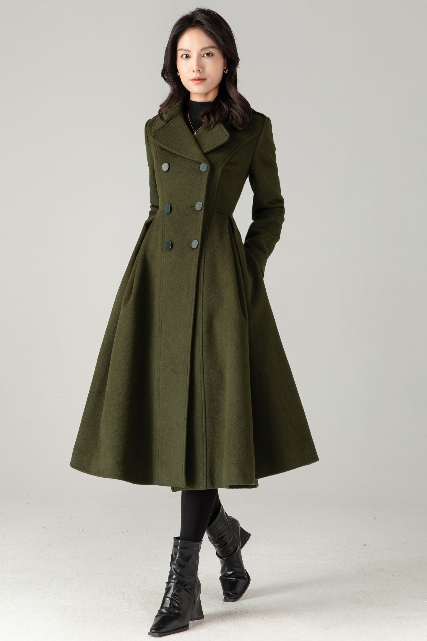 Vintage Inspired Long Princess Coat in Army Green C5342