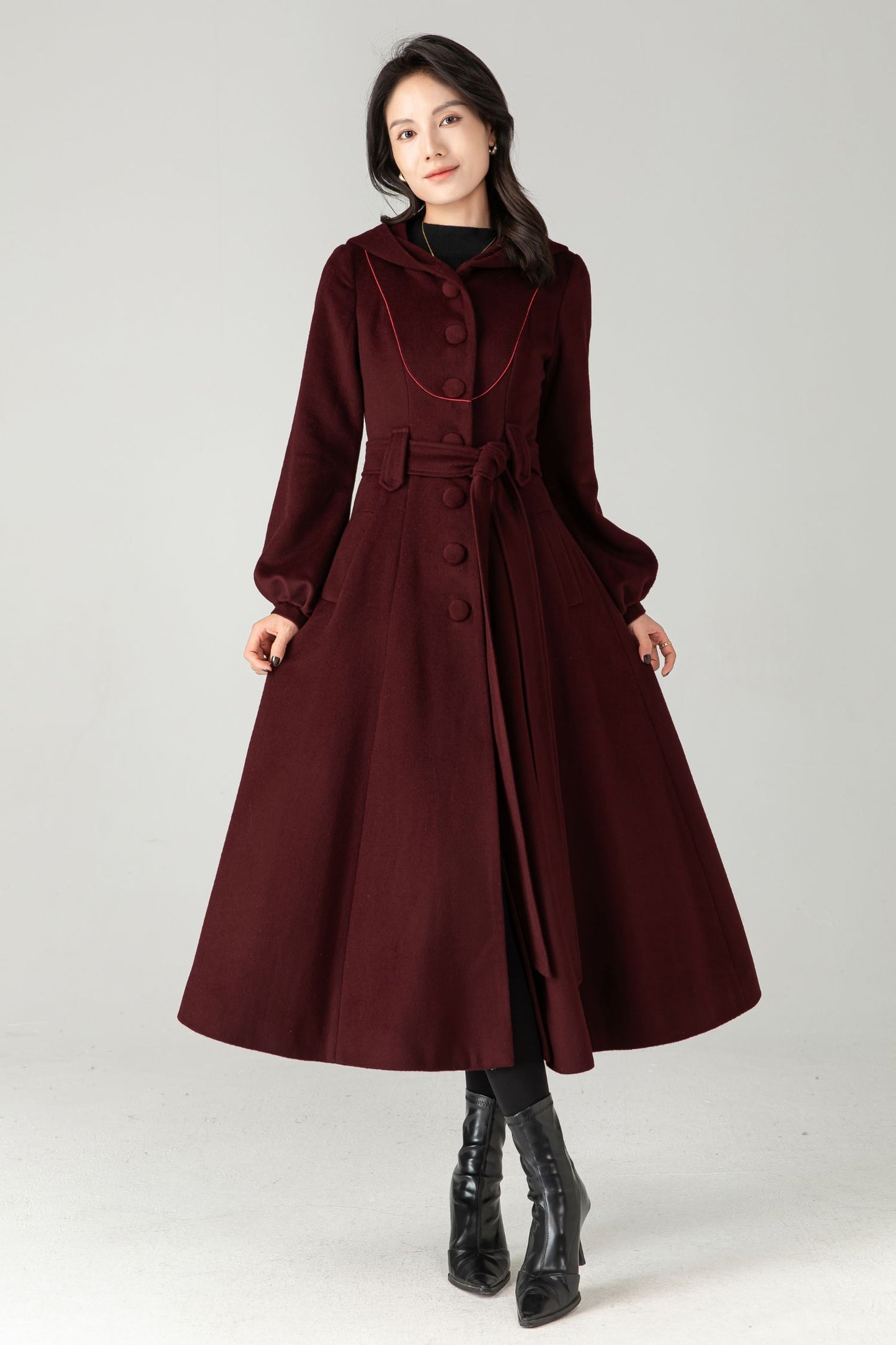 Burgundy Wool Blend Hooded Coat: Retro Belted A-Line Long Winter Coat C5343