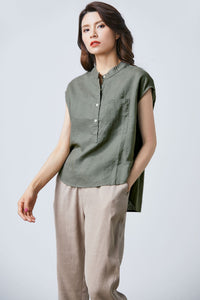 Army green linen sleeveless top C1702